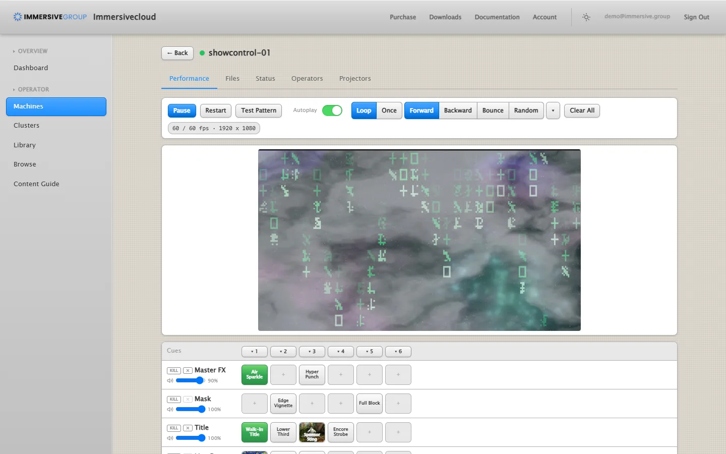 An Immersivecloud machine dashboard with the live clip grid and transport.